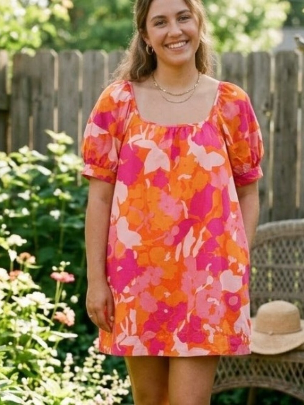 Free Assembly Brand.. Floral Puff-Sleeve Dress in Pink & Orange